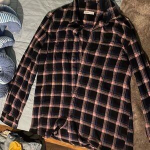 button up flannel , pink and dark blue , never worn